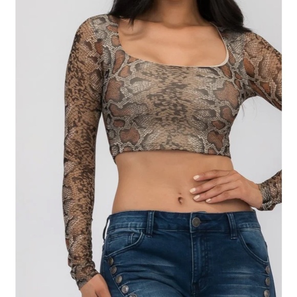 Rhapsodielle SNAKE PRINT MESH LONG SLEEVE CROP TOP Sz M Women - Picture 2 of 8